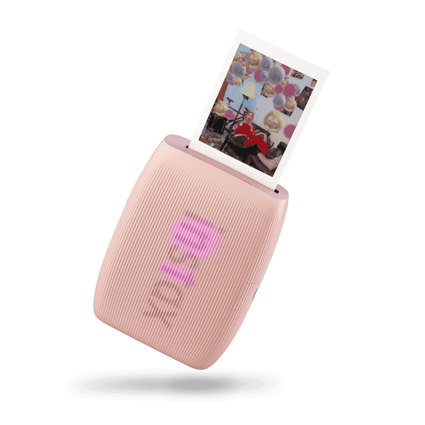 A compact white photo printer with a printed image emerging from the top, set against a black background.