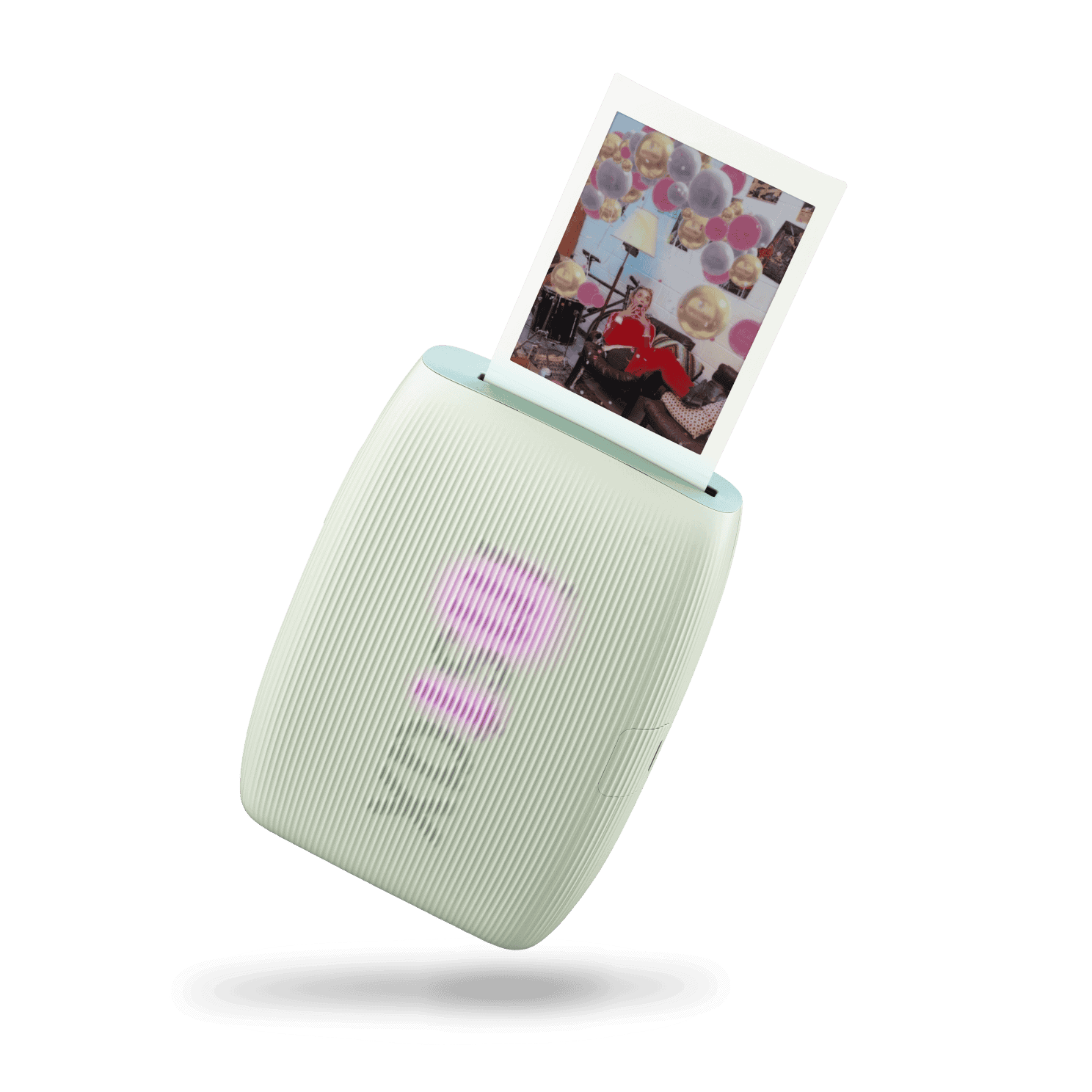 A compact white photo printer with a printed image emerging from the top, set against a black background.